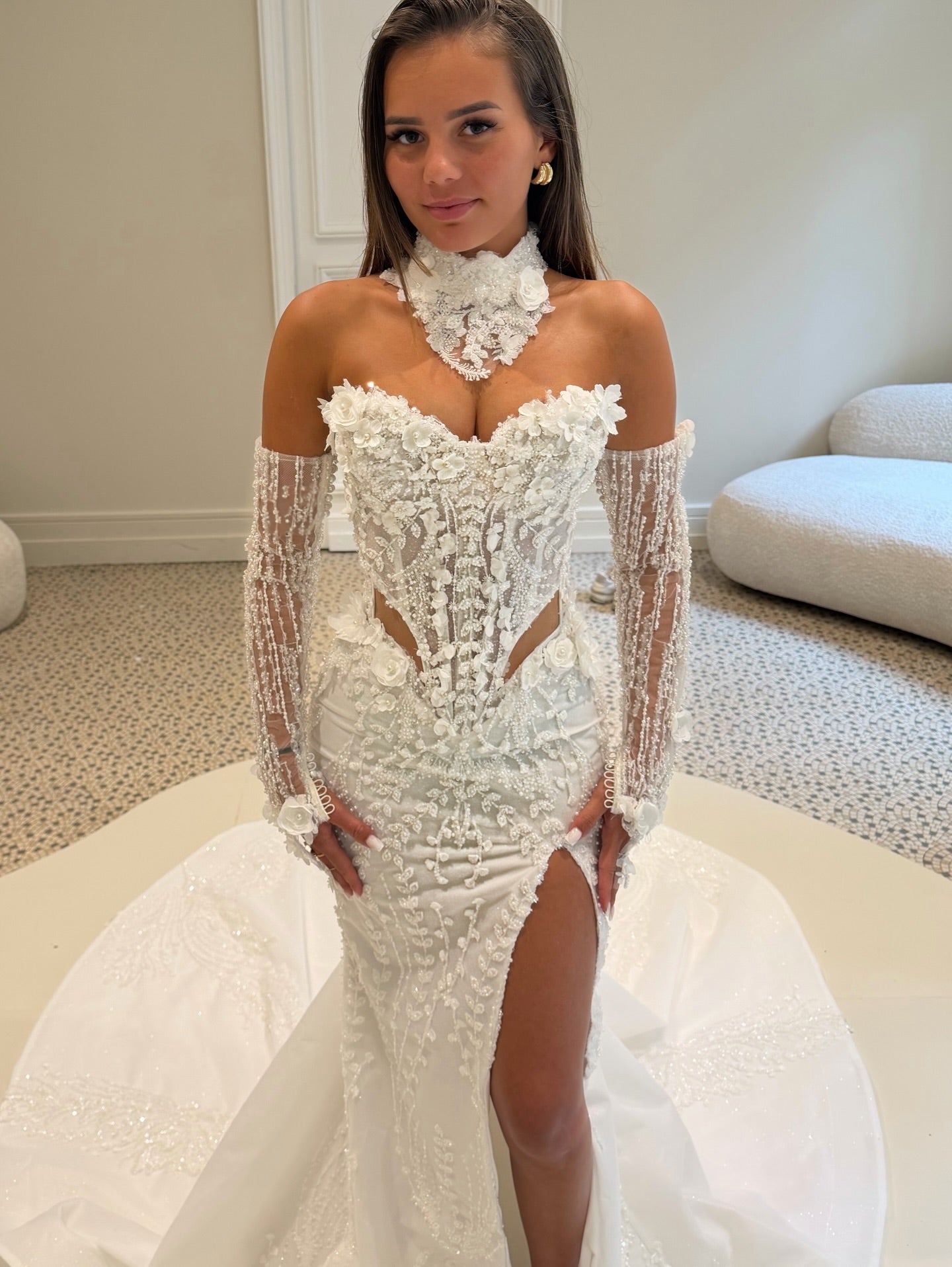 Beaded Corset Mermaid Wedding Dress with High Slit