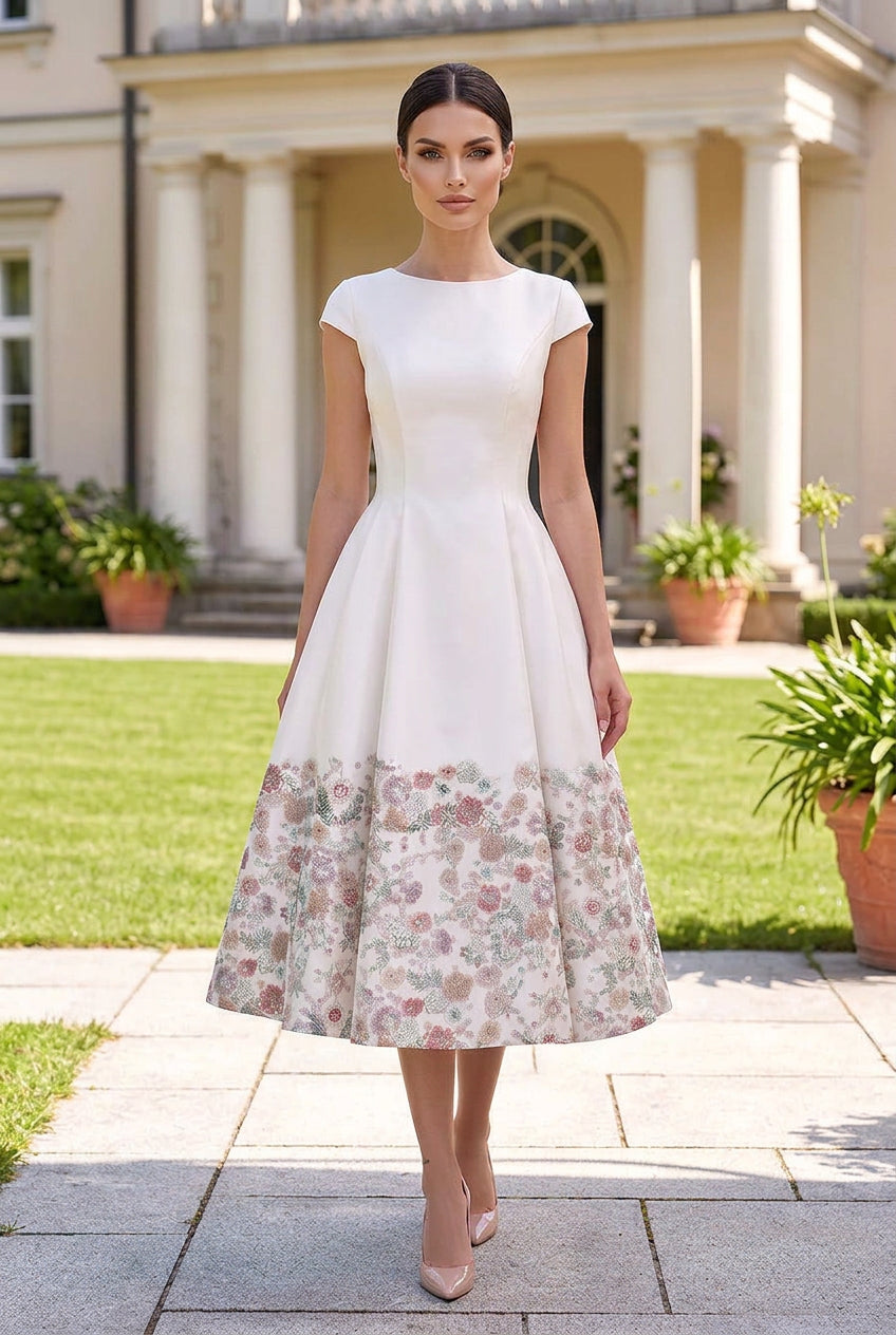 Floral Border Print Cap Sleeve Midi Dress