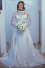 High Neck Long Sleeve Lace Bridal Gown With Overskirt