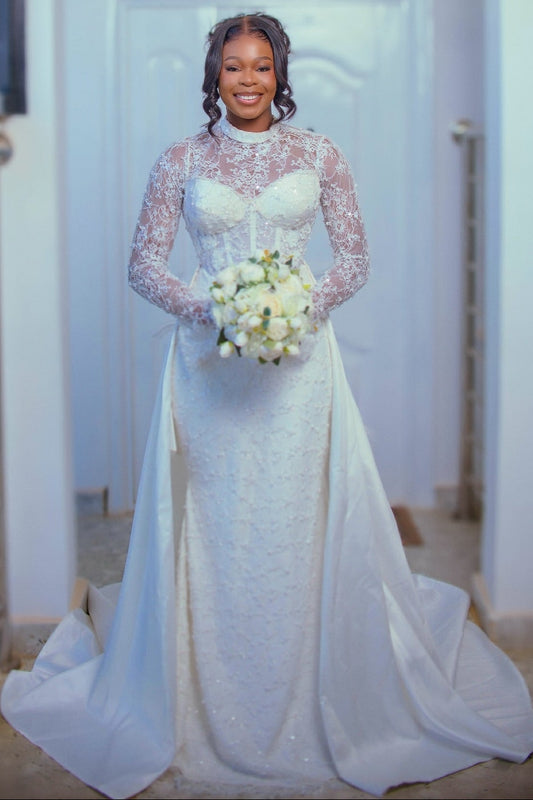 High Neck Long Sleeve Lace Bridal Gown With Overskirt