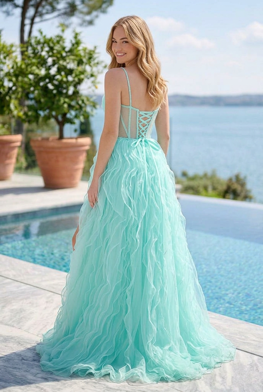 Corset Bow Gown with Ruffle Slit Skirt
