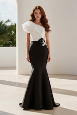 One-Shoulder Mermaid Gown with Floral Waist Accent