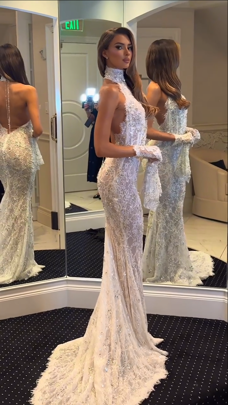 High Neck Beaded Lace Mermaid Gown