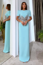 Puff Sleeve Column Evening Gown with Beaded Waist