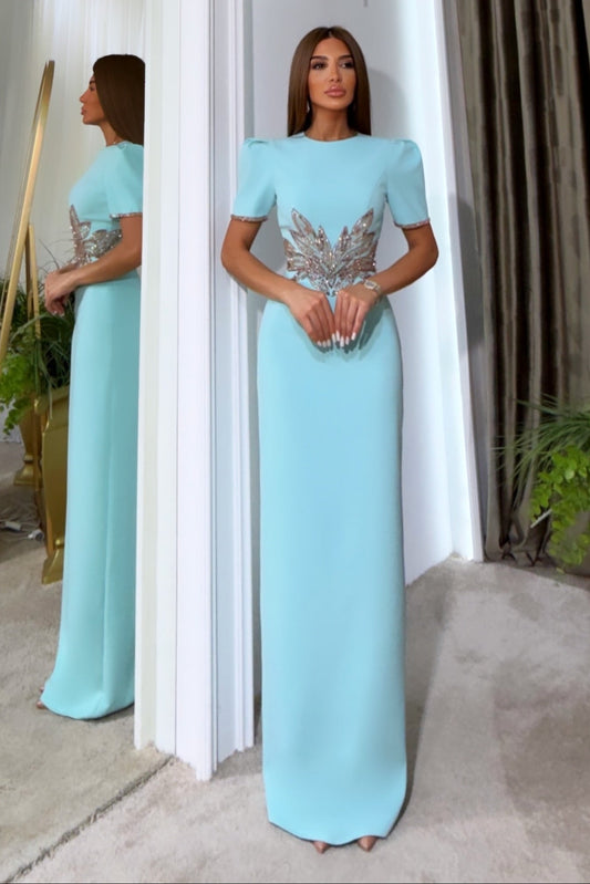Puff Sleeve Column Evening Gown with Beaded Waist