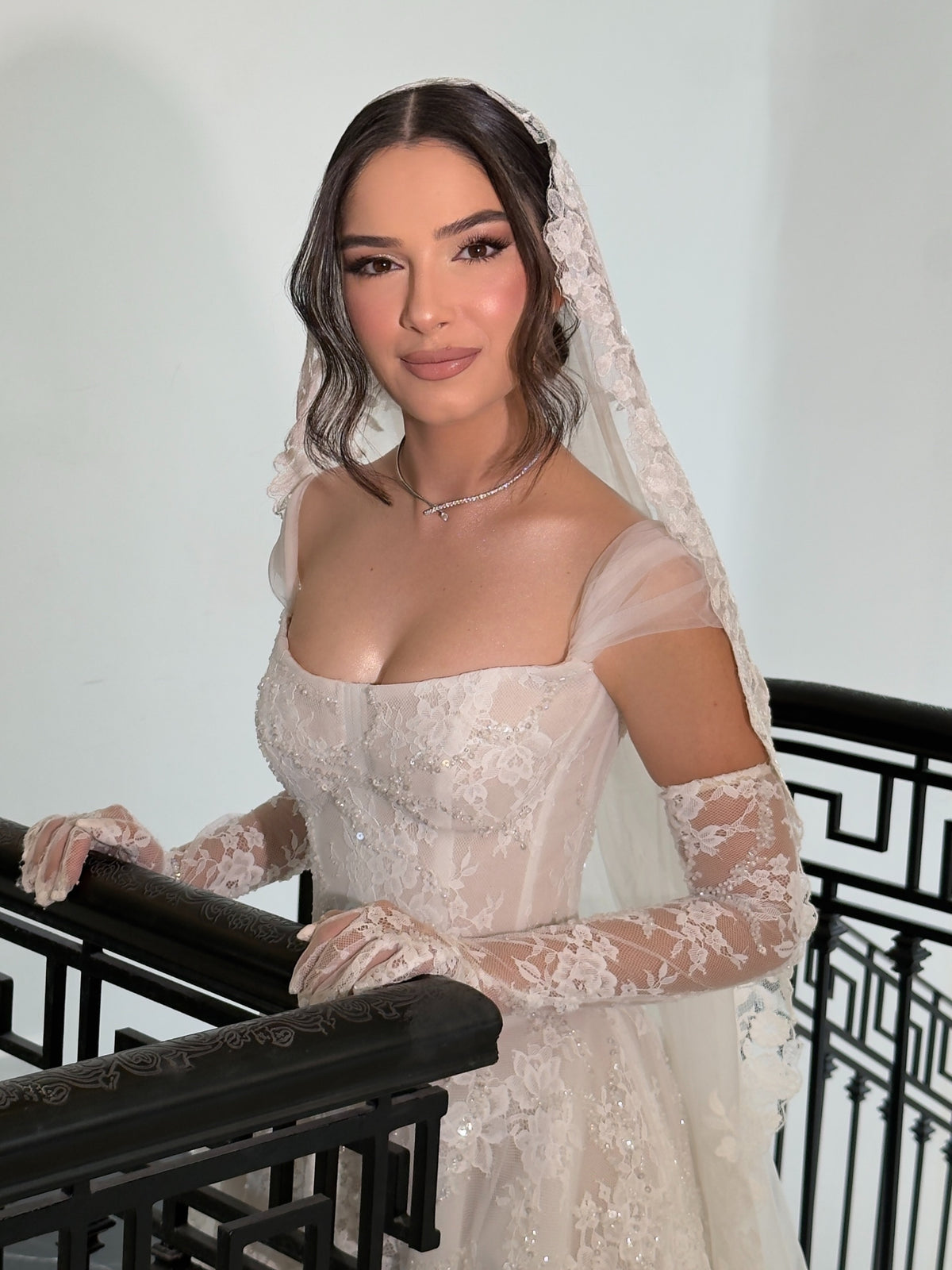 Square Neck Lace Corset Ball Gown Wedding Dress