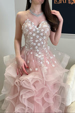 Strapless Ruffle Ball Gown with Floral Beading