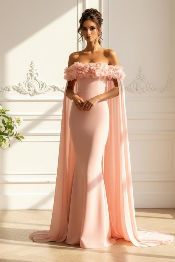Off-Shoulder Floral Cape Mermaid Gown