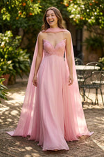 Strapless Chiffon A-Line Gown with Slit and Cape