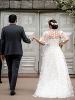 Illusion High Neck Flutter Sleeve A-Line Bridal Gown