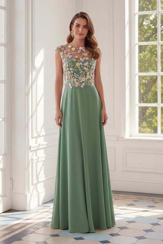 A-Line Floral Applique Illusion Evening Gown
