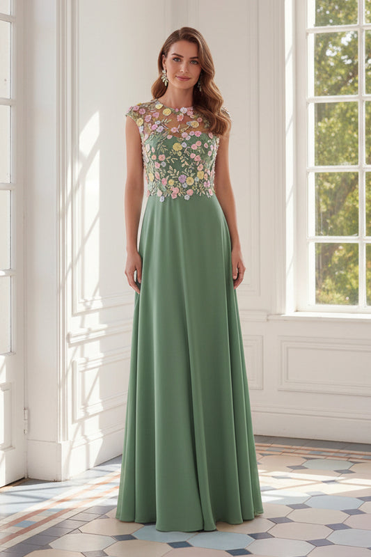 A-Line Floral Applique Illusion Evening Gown