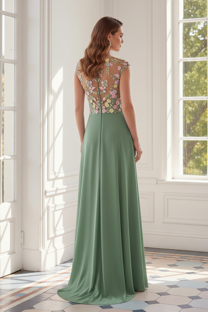 A-Line Floral Applique Illusion Evening Gown