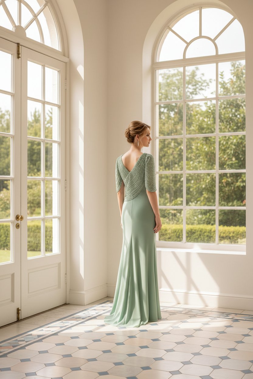 Embellished Flutter Sleeve V-Neck Gown