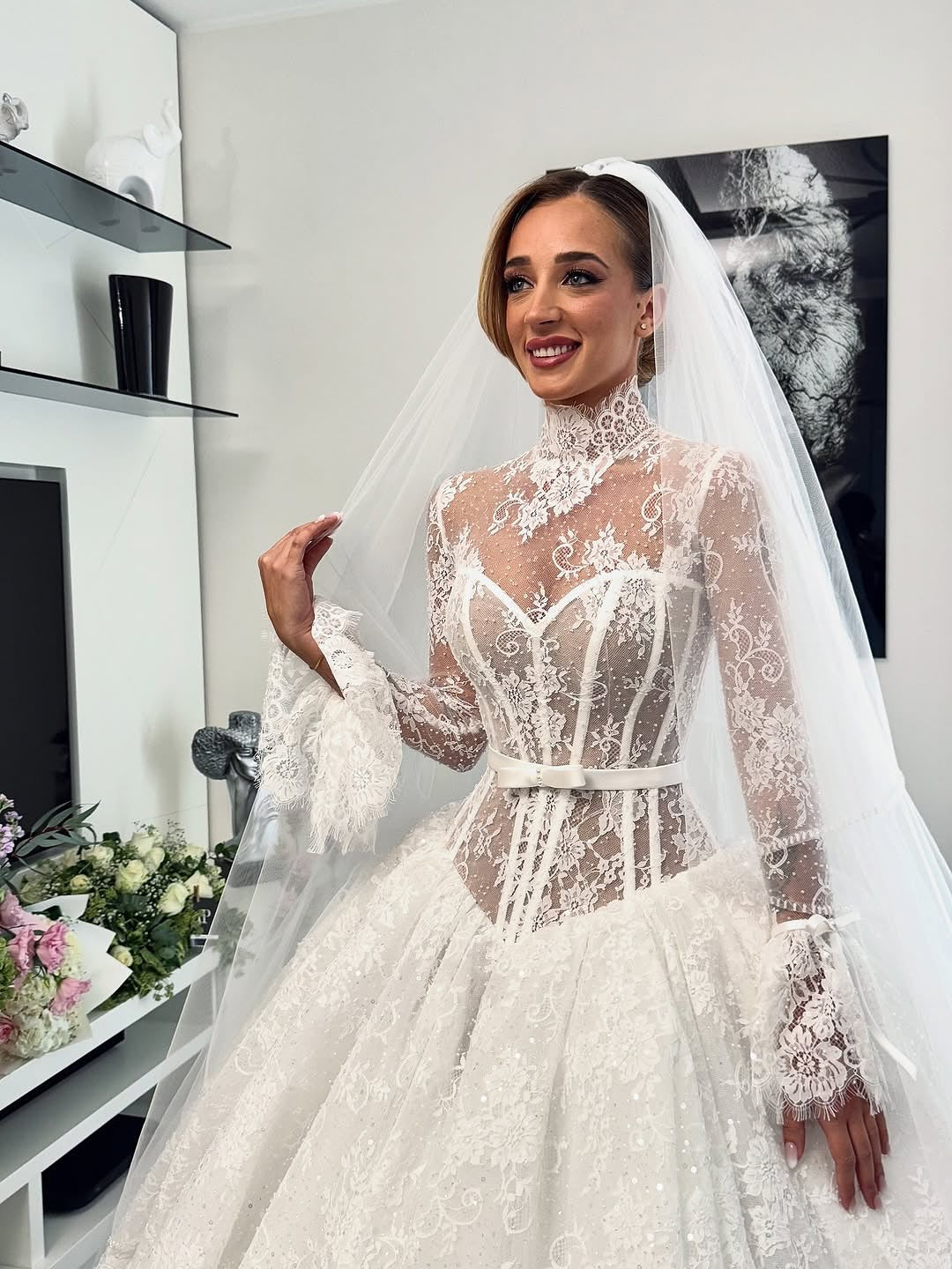High Neck Lace Ball Gown Wedding Dress