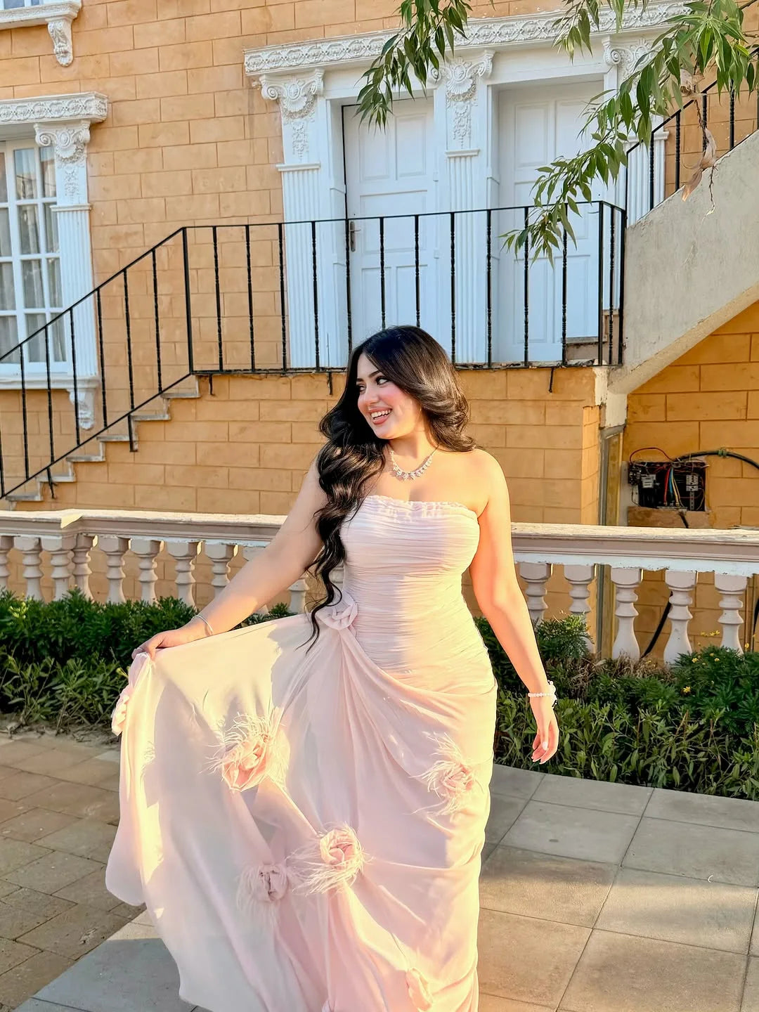 Strapless Ruched Evening Gown with 3D Flowers