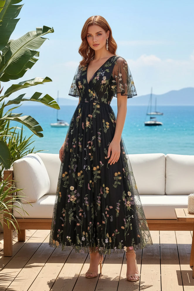 Embroidered Tulle V-Neck Midi Dress with Flutter Sleeves