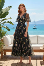 Embroidered Tulle V-Neck Midi Dress with Flutter Sleeves