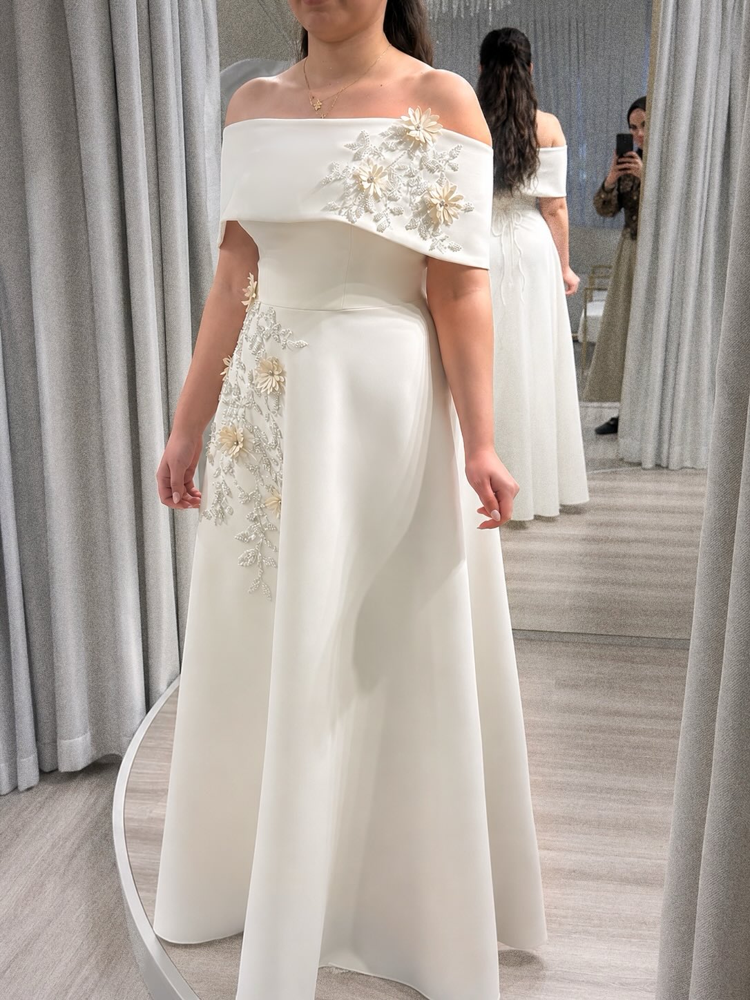 Off-Shoulder Floral Appliqué A-Line Gown