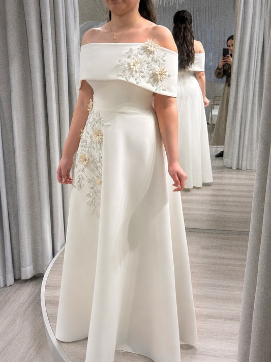 Off-Shoulder Floral Appliqué A-Line Gown