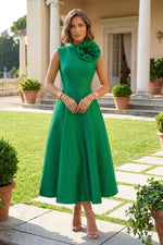 High Neck Rosette A-Line Midi Dress