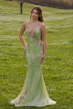 Embroidered Sequin Mermaid Gown with Open Back