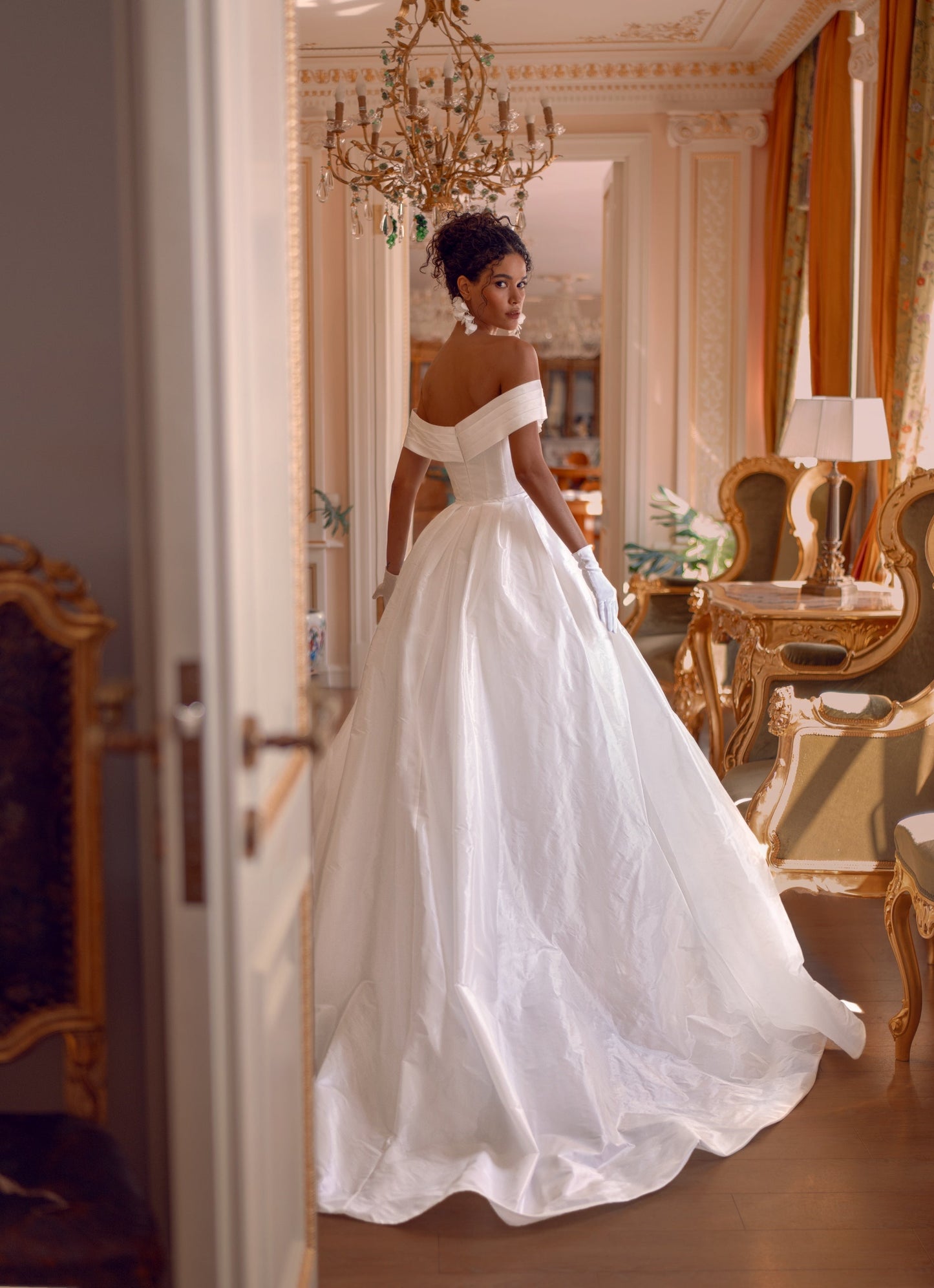 Off-the-Shoulder Satin Wedding Dress with Overskirt