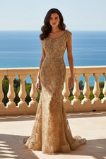 Embellished Lace Trumpet Gown with Cap Sleeves