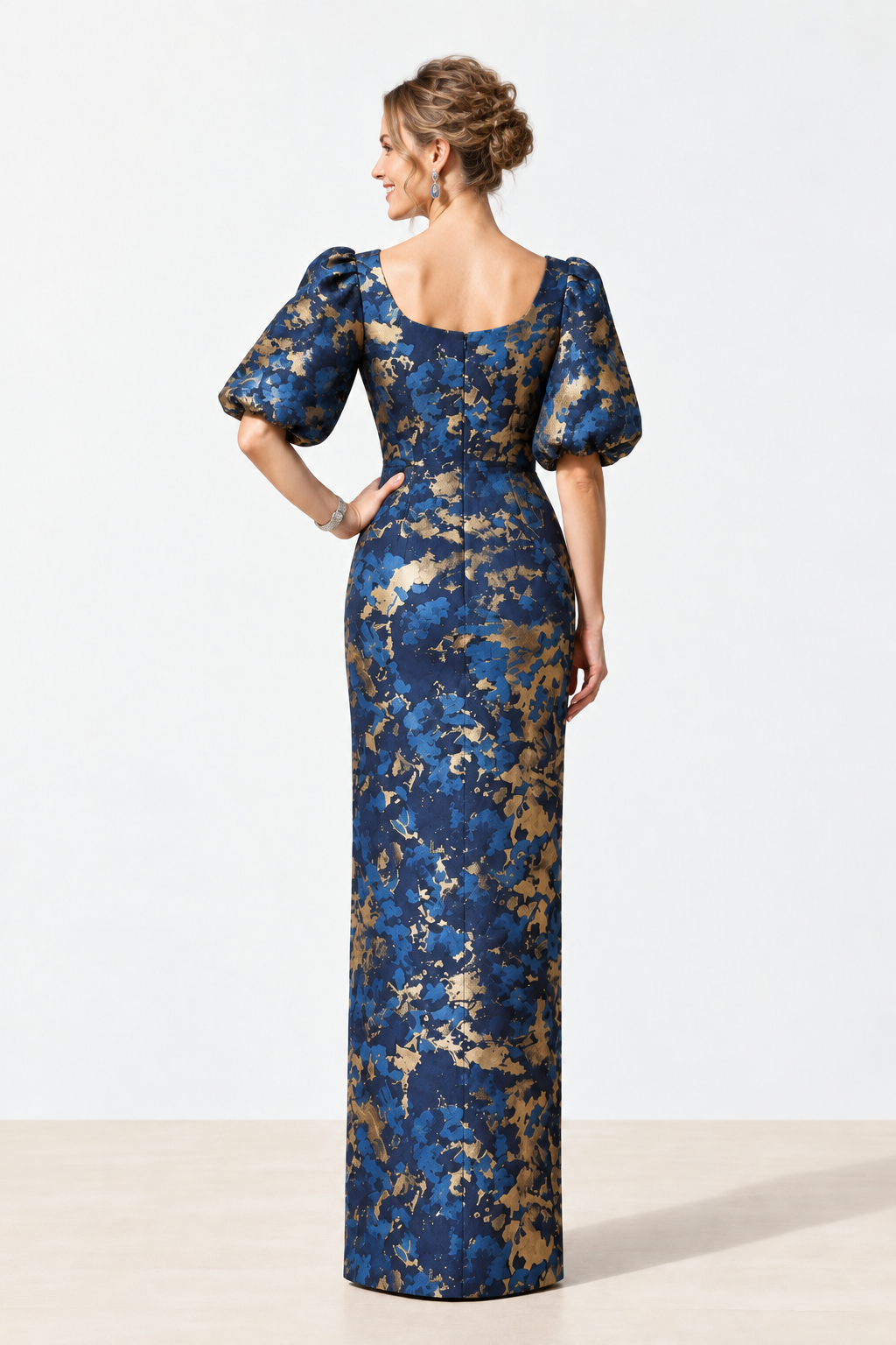 Puff Sleeve Metallic Jacquard Column Gown