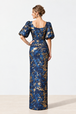 Puff Sleeve Metallic Jacquard Column Gown