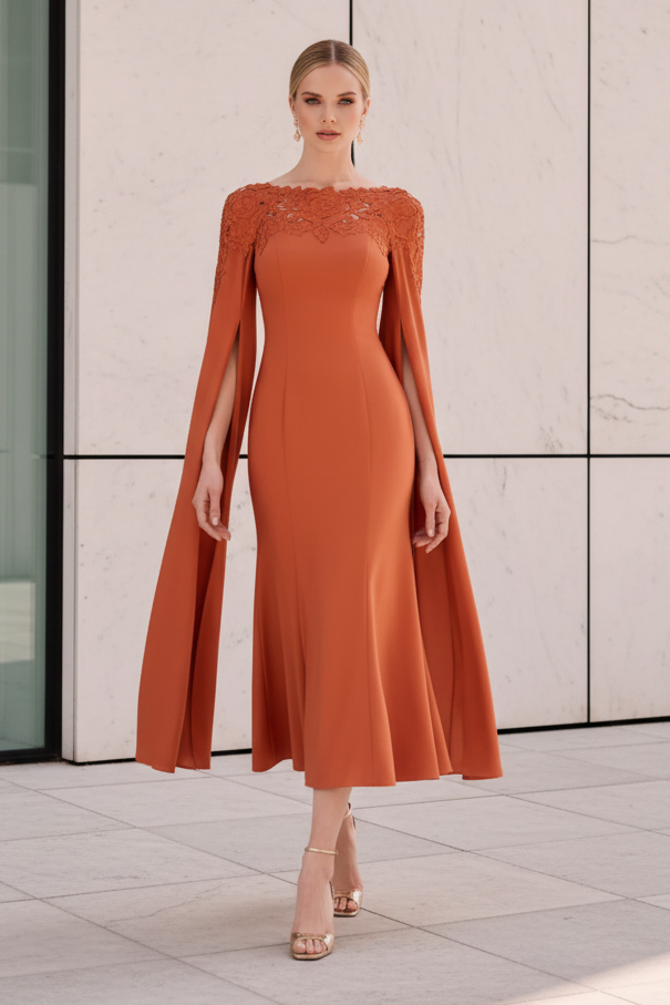 Lace Applique Cape Sleeve Midi Dress