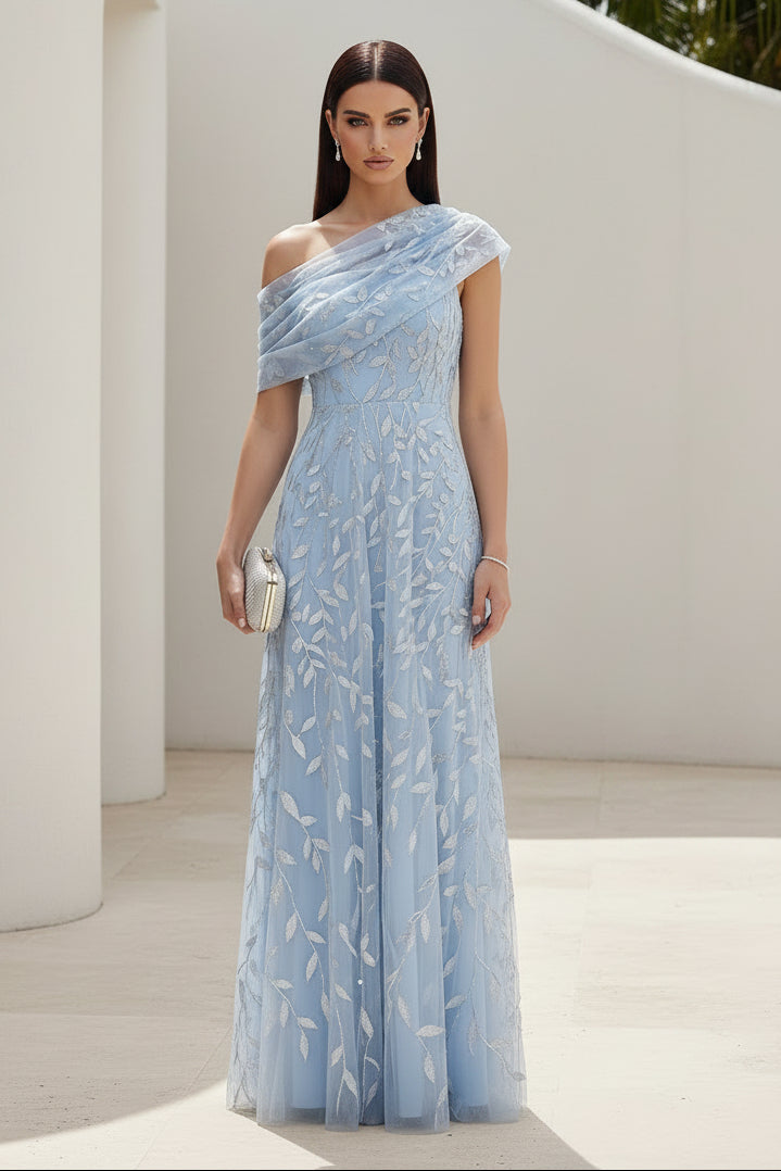 One Shoulder Leaf Sequin A-Line Evening Gown