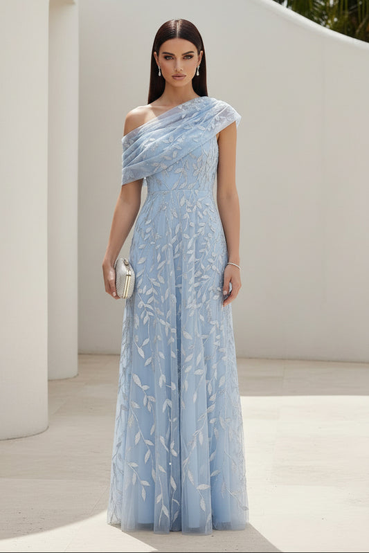 One Shoulder Leaf Sequin A-Line Evening Gown