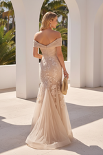 Off-the-Shoulder Pleated Mermaid Gown with Lace Appliques