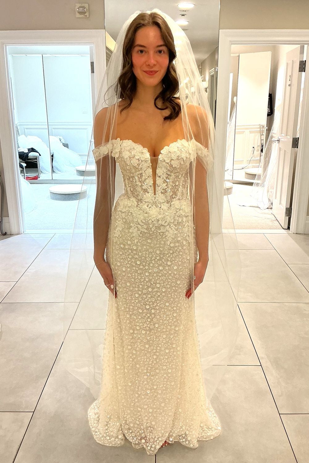 Off-the-Shoulder 3D Floral Beaded Wedding Dress