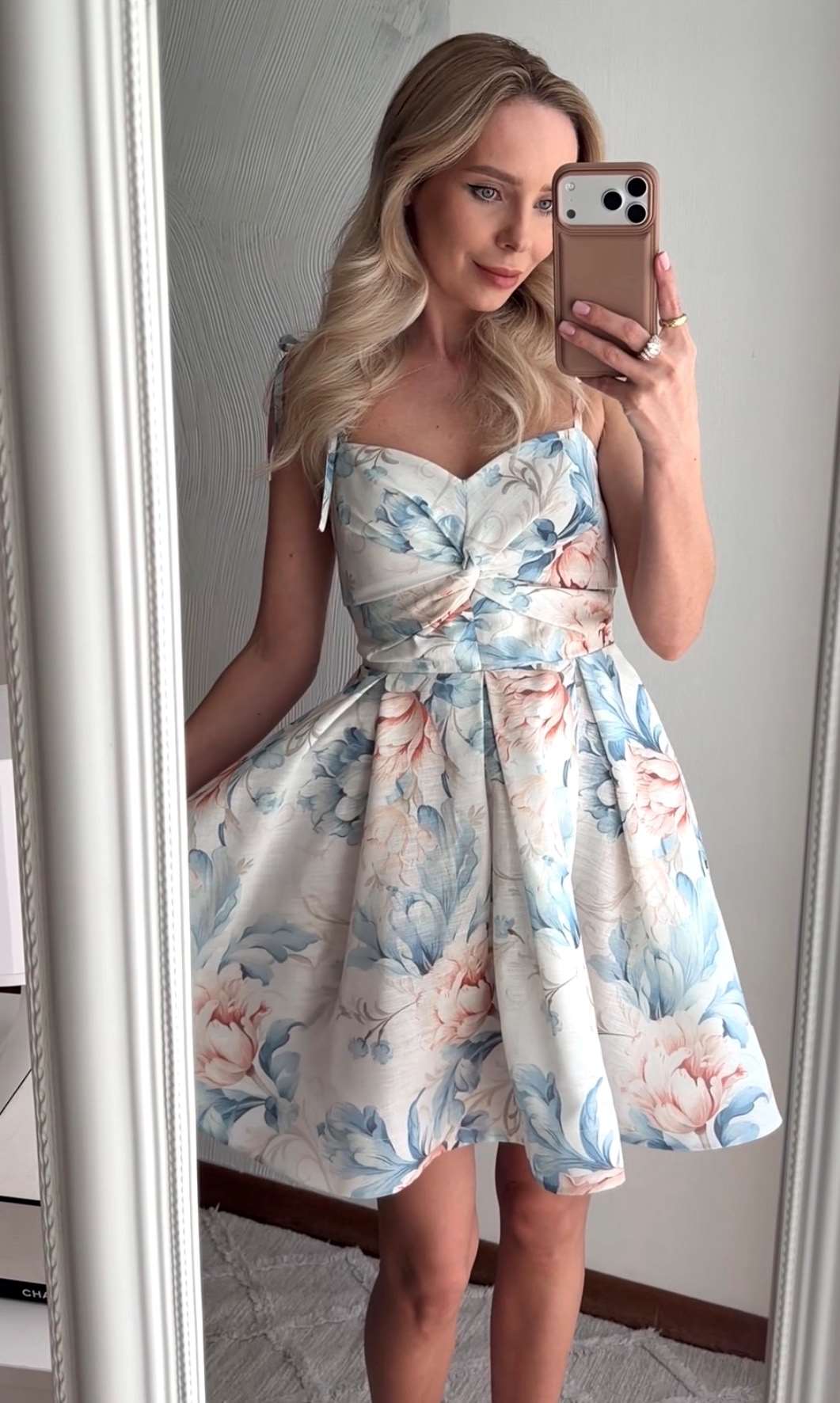 Floral Print A-Line Mini Dress with Tie Straps