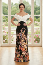 Off The Shoulder Floral Print Evening Gown