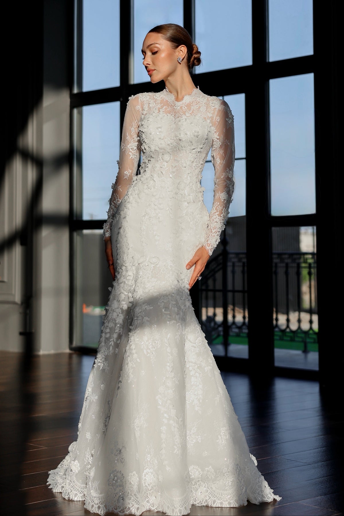 High Neck Lace Long Sleeve Mermaid Wedding Dress