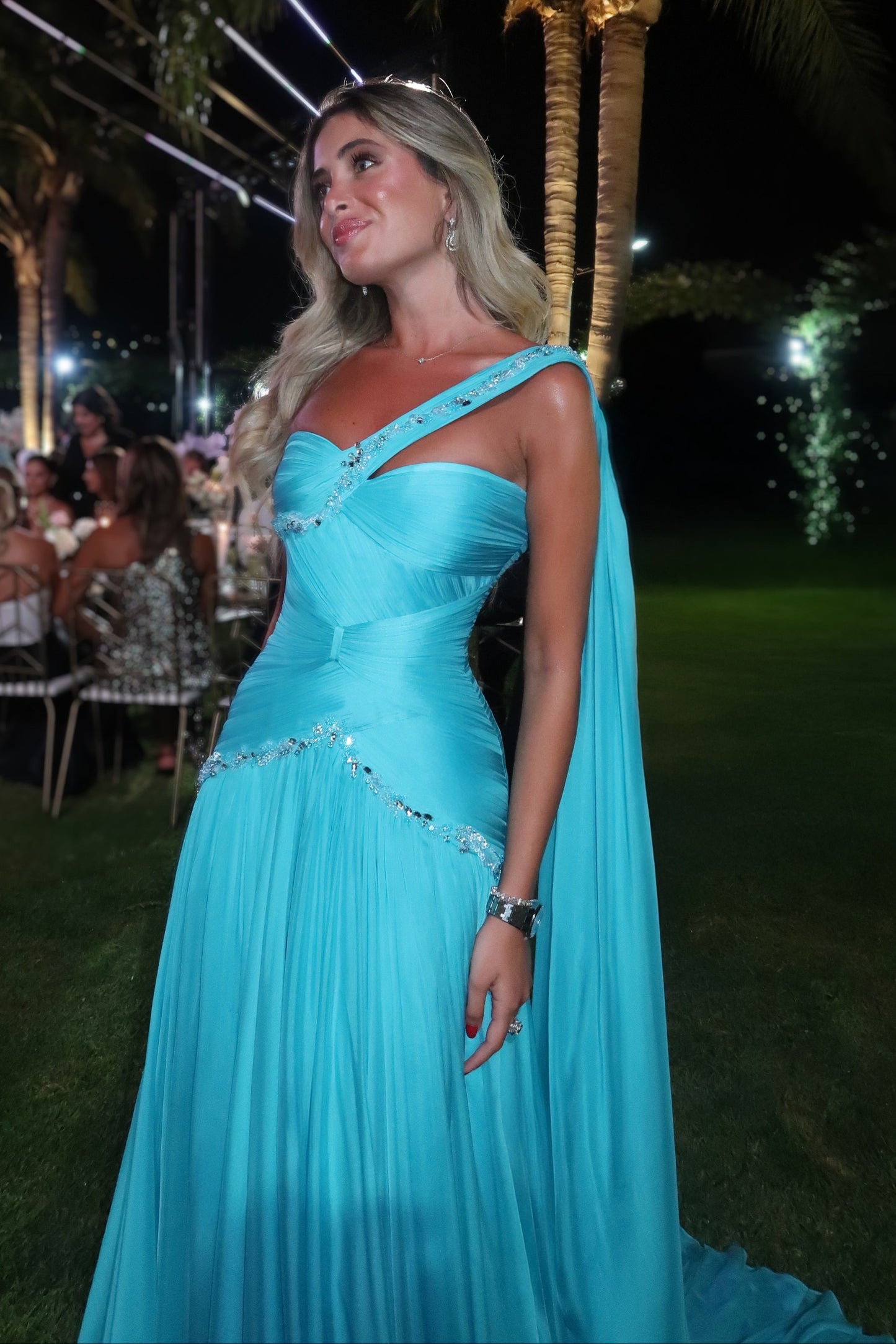 One Shoulder Crystal Embellished Evening Gown