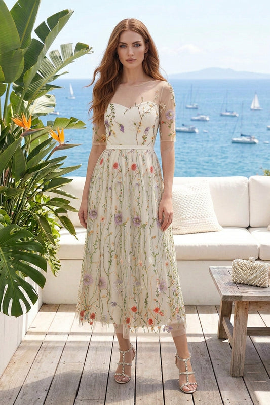 Floral Embroidered Illusion Midi Dress