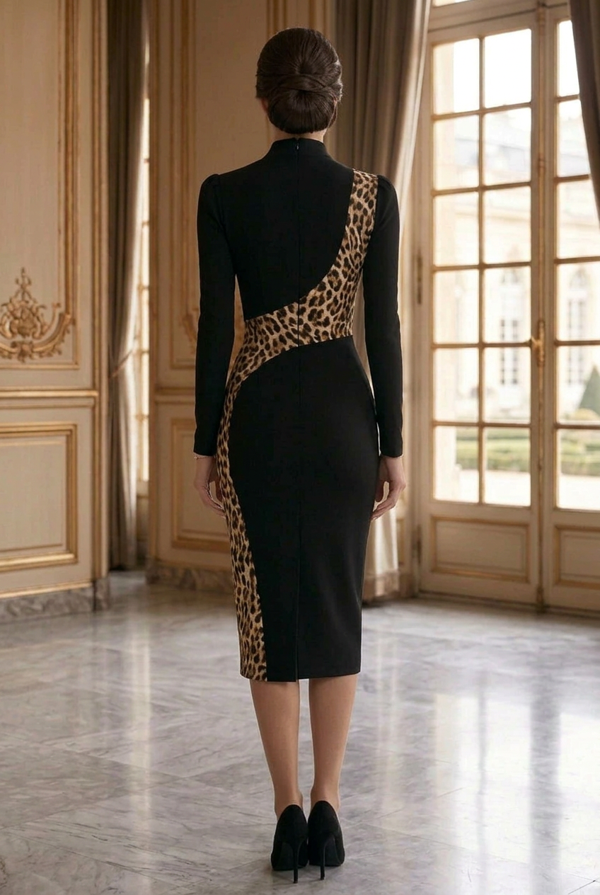 Leopard Inset Long Sleeve Midi Sheath Dress