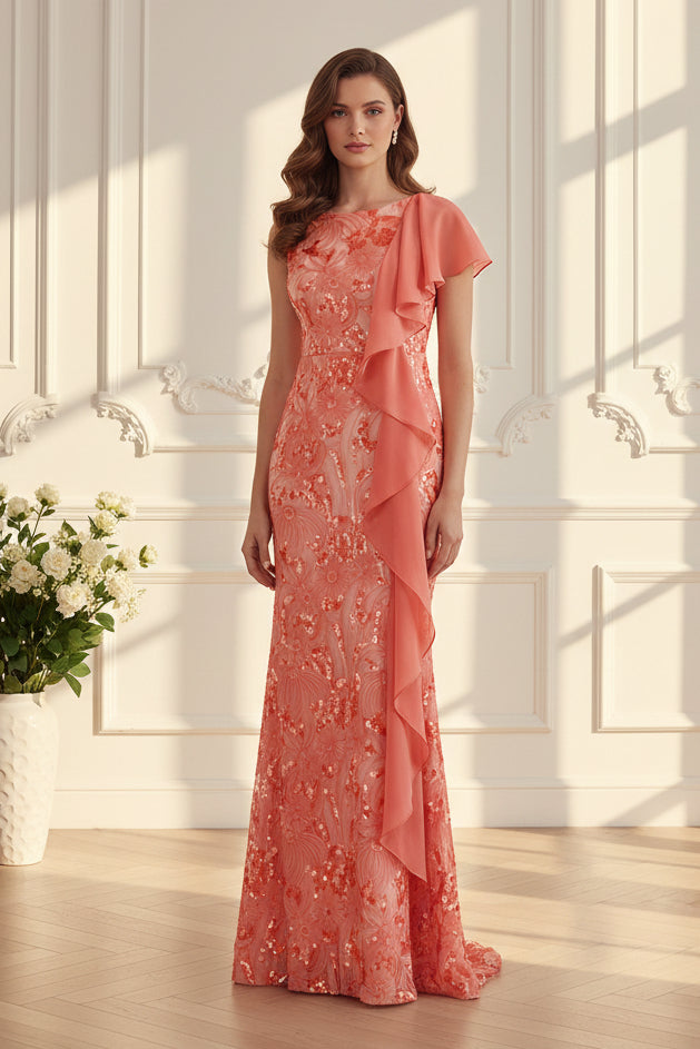 Sequin Trumpet Gown with Asymmetric Ruffle