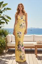 Strapless Floral Column Gown with Crossover Bodice