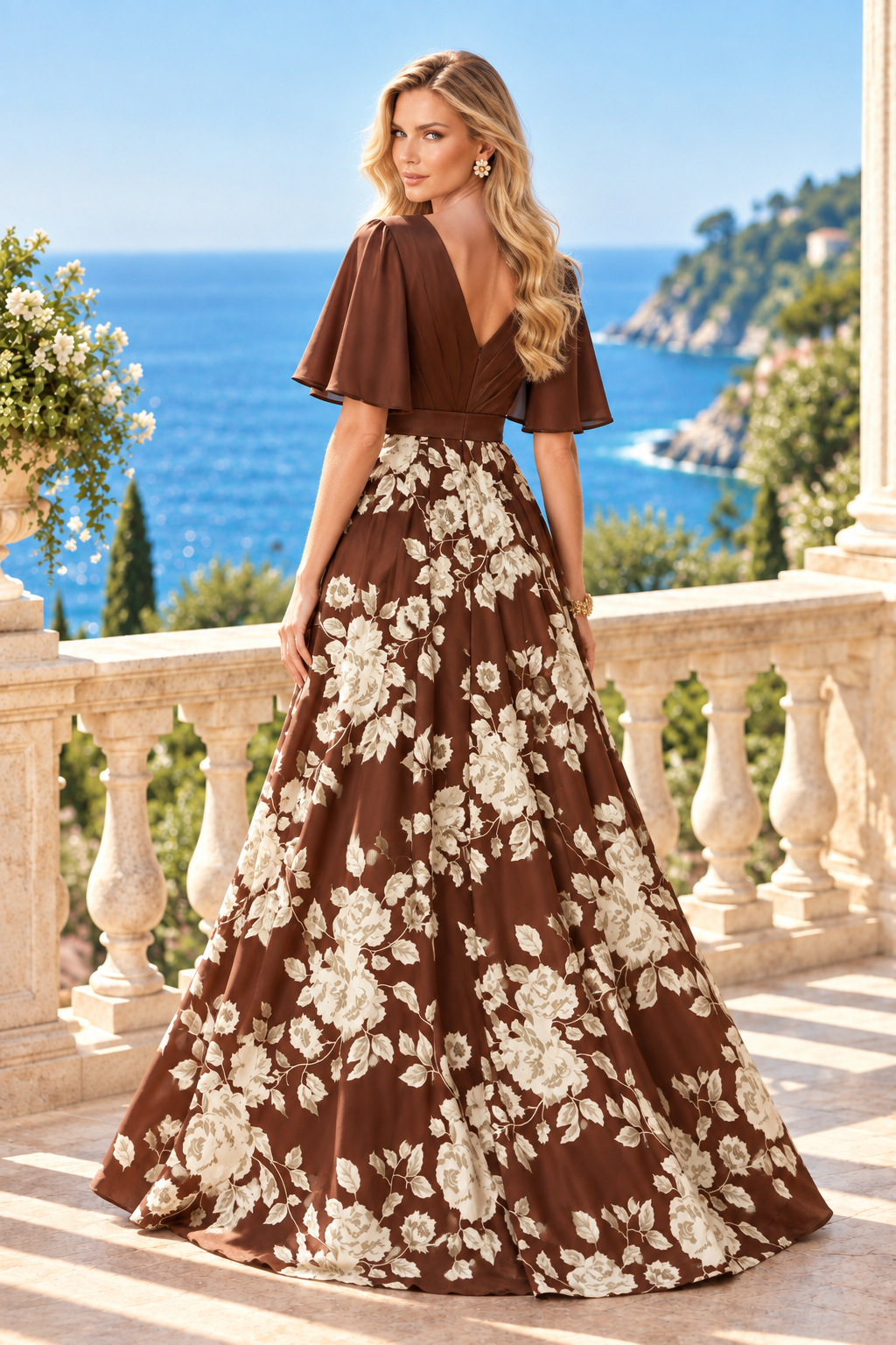 Floral Print V-Neck A-Line Gown with Flutter Sleeves