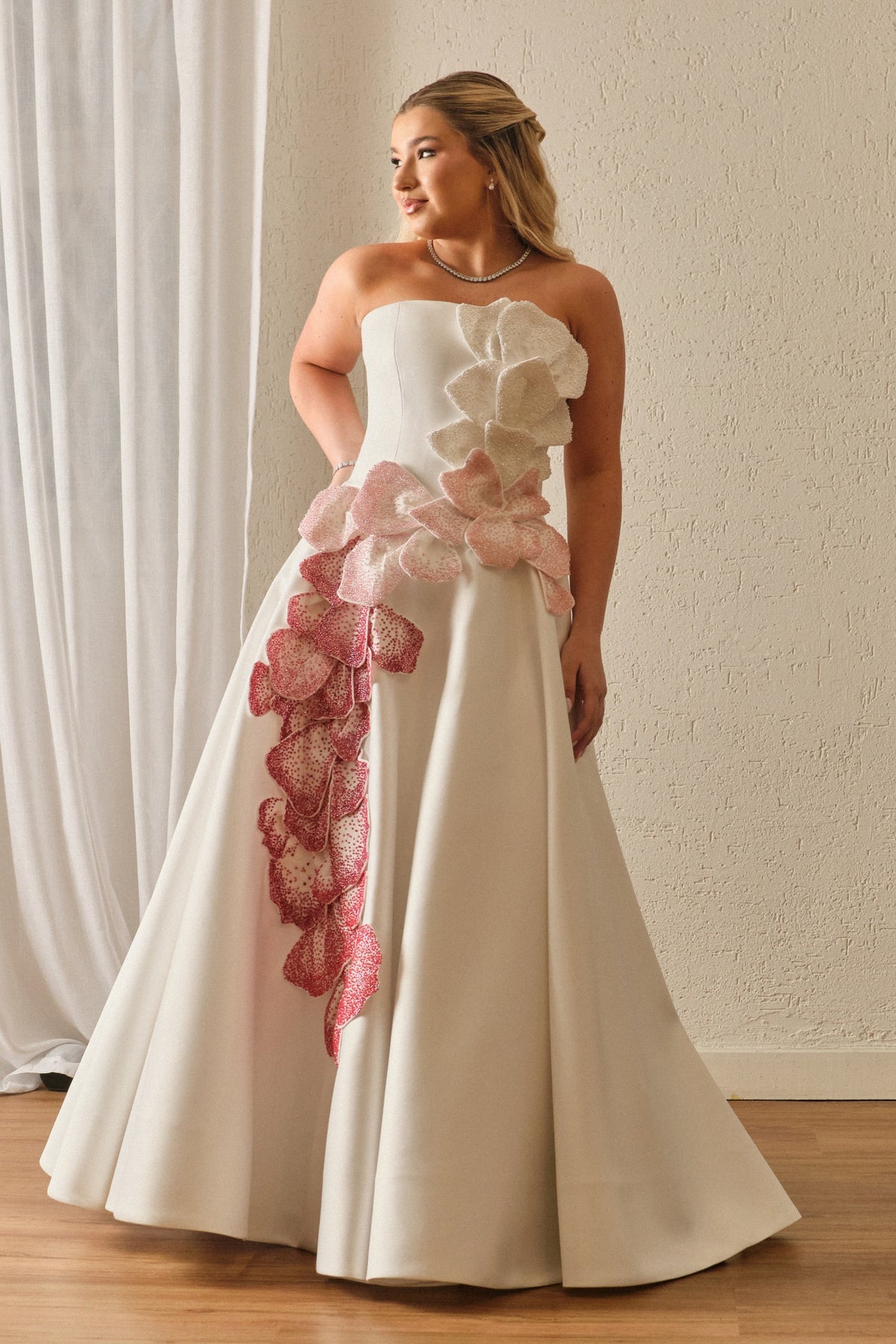 Strapless Floral Applique Ball Gown with Pockets