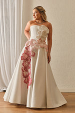 Strapless Floral Applique Ball Gown with Pockets