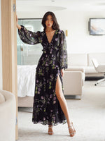 Floral Chiffon Long Sleeve Maxi Dress with Slit