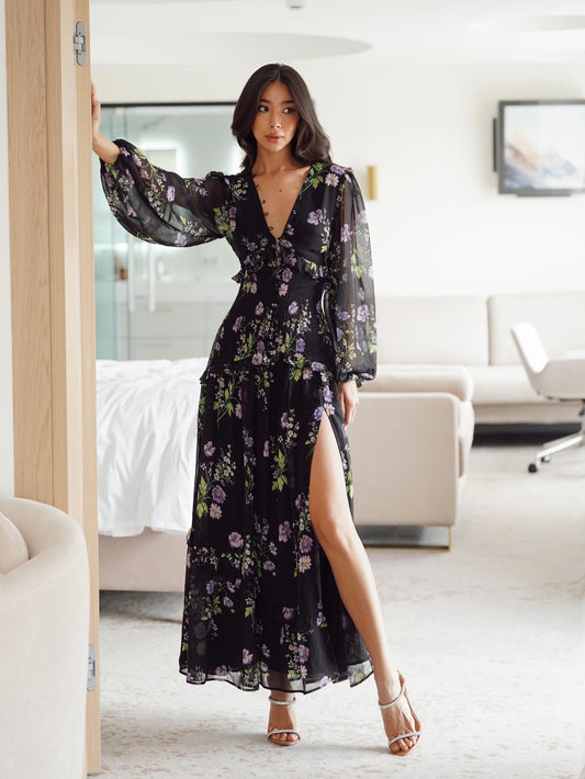 Floral Chiffon Long Sleeve Maxi Dress with Slit