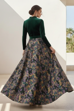 Long Sleeve Velvet and Floral Brocade A-Line Evening Gown