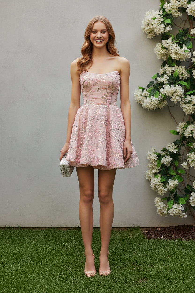 Strapless Floral Embroidered A-Line Mini Dress